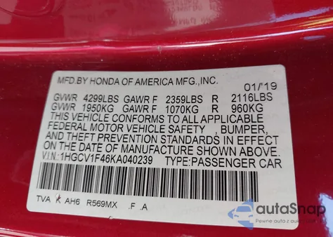 2019 Honda Accord Ex from USA, damaged, VIN 1HGCV1F46KA040239